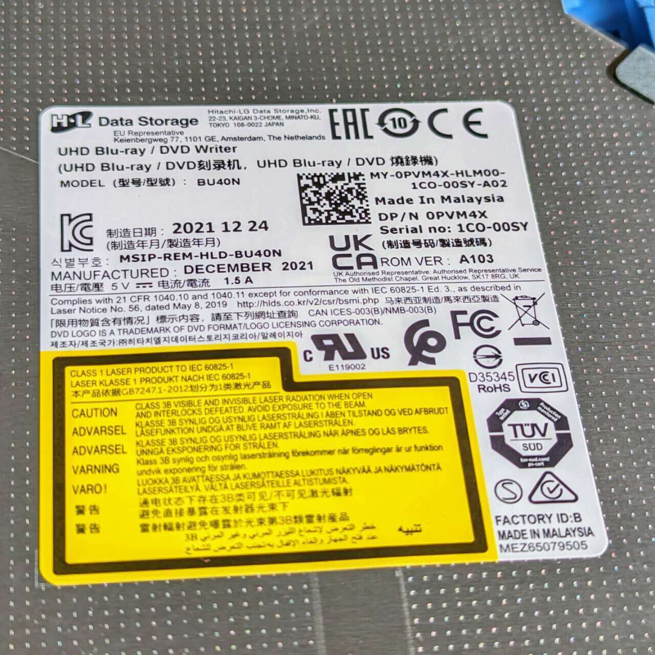 Dell Optiplex 3040 5040 7040 SFF 9.5mm Slim UHD Blu-ray DVD Drive BU40N PVM4X