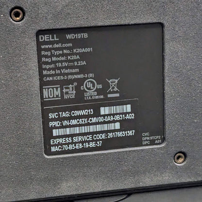 DELL WD19TB/WD19TBS USB-C Docking Station K20A K20A001 w/ 180W Power Adapter