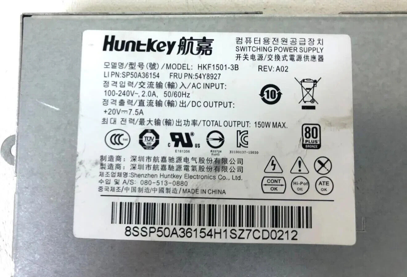 Lenovo 54Y8927 ThinkCentre M900z 150W Power Supply HUNTKEY HKF1501-3B