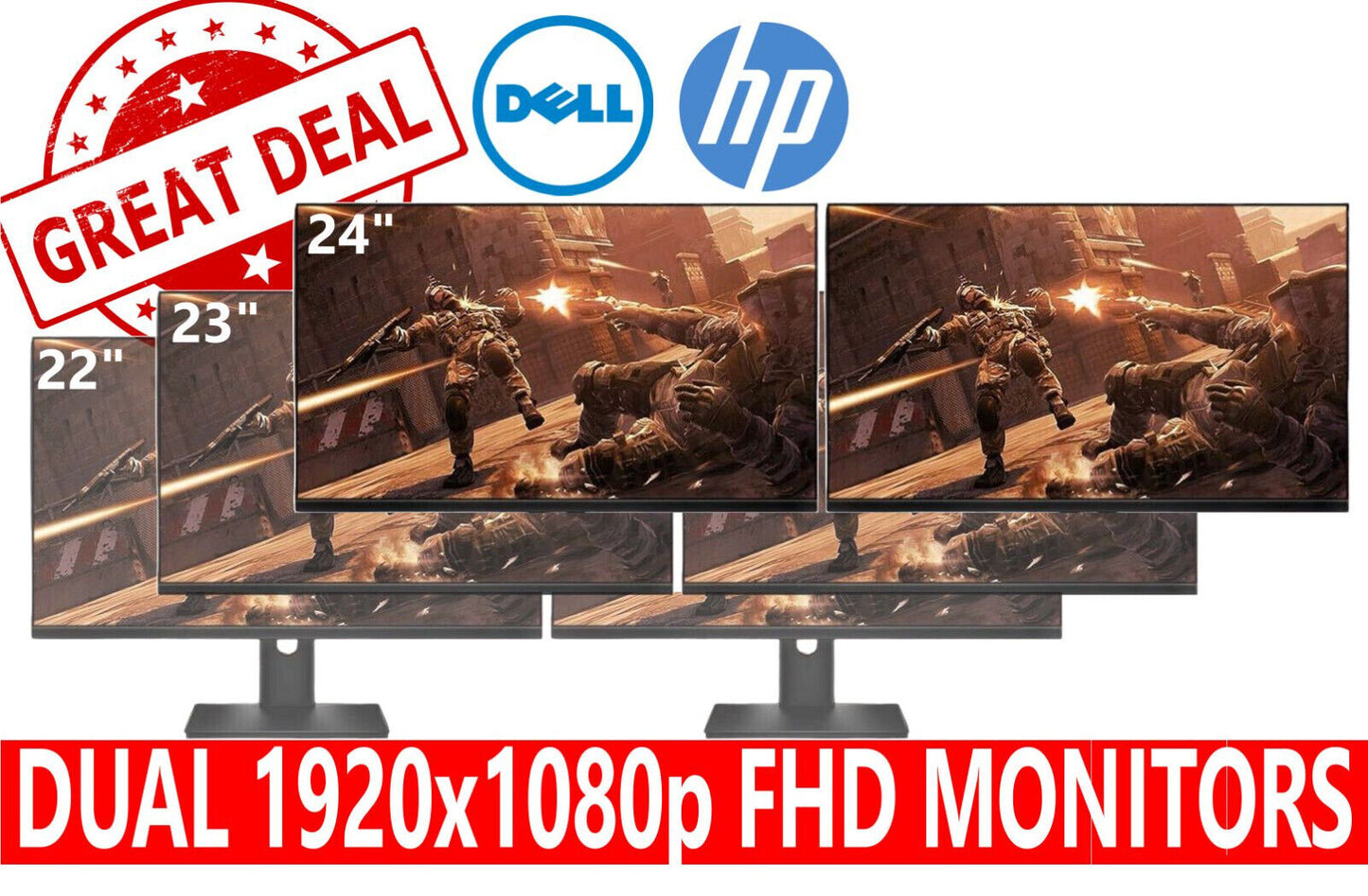 Dual Dell HP 22" 23" 24" LCD Widescreen Monitors FHD 1080p with Stand and Cables