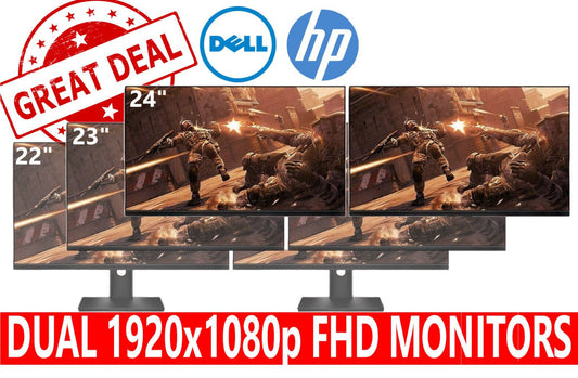 Dual Dell HP 22" 23" 24" LCD Widescreen Monitors FHD 1080p with Stand and Cables