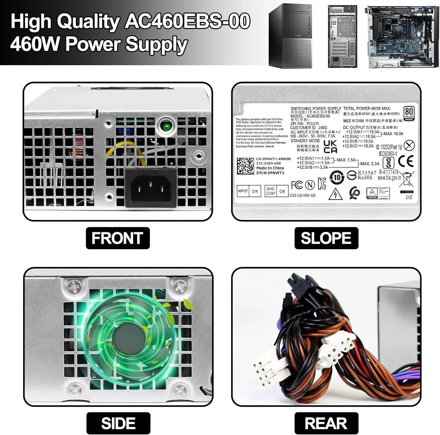 Dell Aurora R13 R14 XPS 8950 460W PSU PNWT1 T63HC 389MC 0PNWT1 0T63HC 0389MC